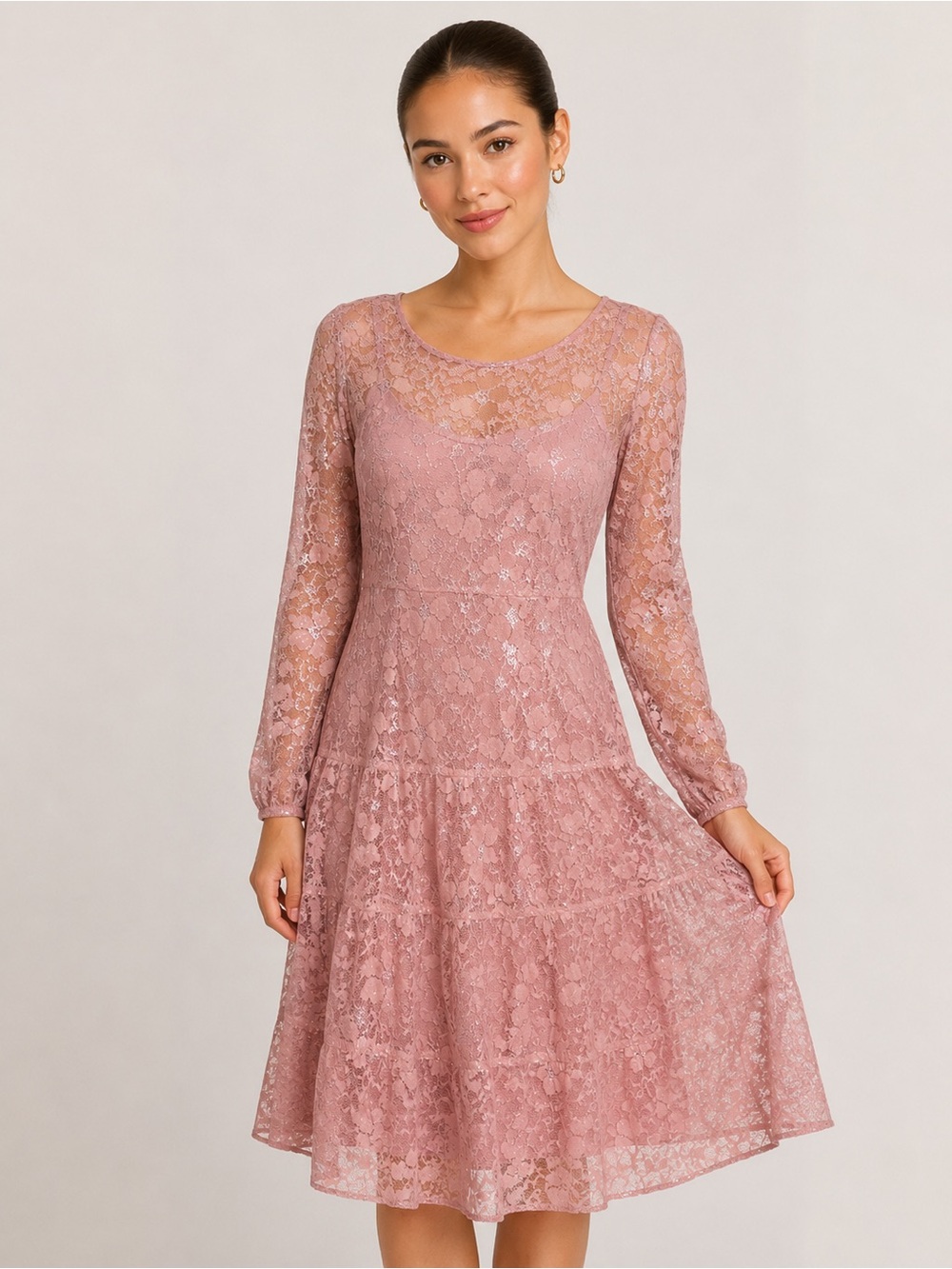 SL Fashions Lace Dress Silver Shimmer Faded Rose Blush Pink 12 cocktail wedding